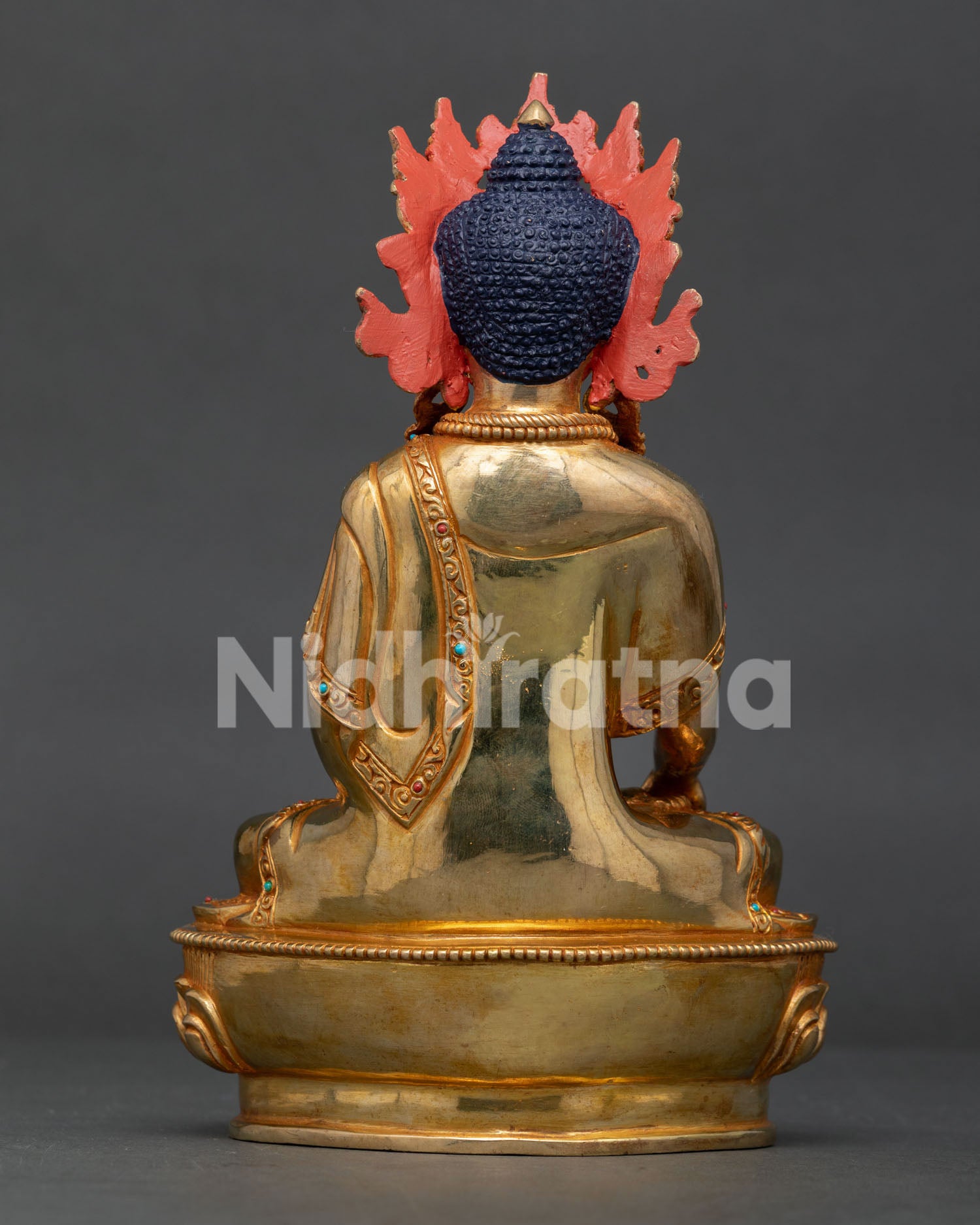 Back View of Handcrafted Crown Mitrugpa Buddha Statue from Patan Nepal.