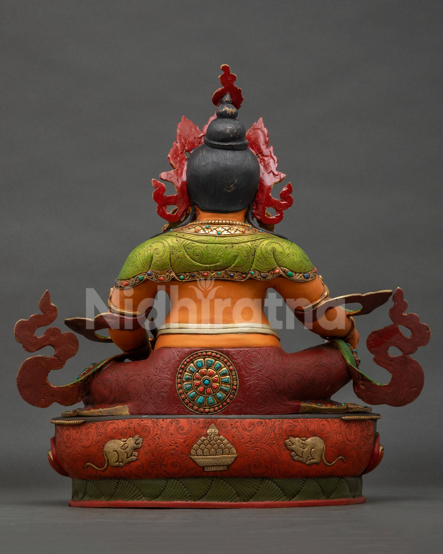 Back view of handcrafted Dzambhala statue featuring detailed crown ornaments gold gilding and intricate copper metalwork