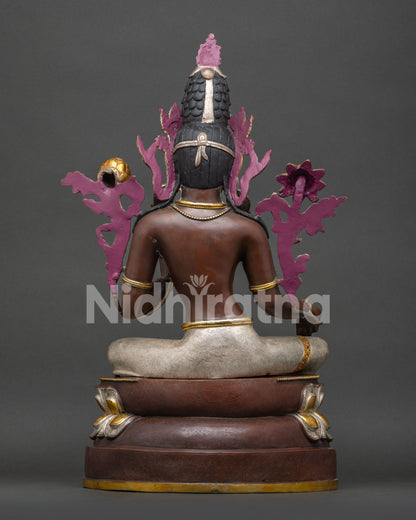 Back view of handcrafted Green Tara statue crafted in oxidized copper
