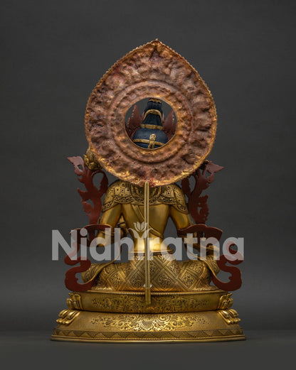 Back view of handcrafted Green Tara Statue with intricate repoussé craftsmanship