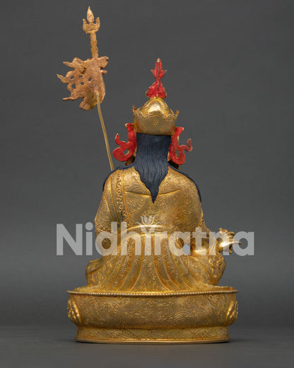 Back View of Handcrafted Guru Padmasambhava Copper Statue with Ornate Lotus Pedestal and Traditional Newari Craftsmanship