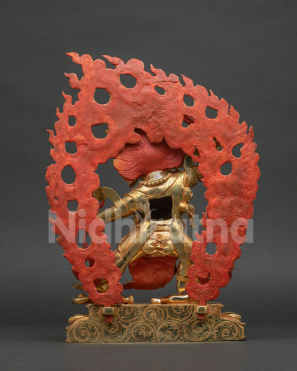 Back view of handcrafted Hayagriva copper sculpture showing detailed halo.