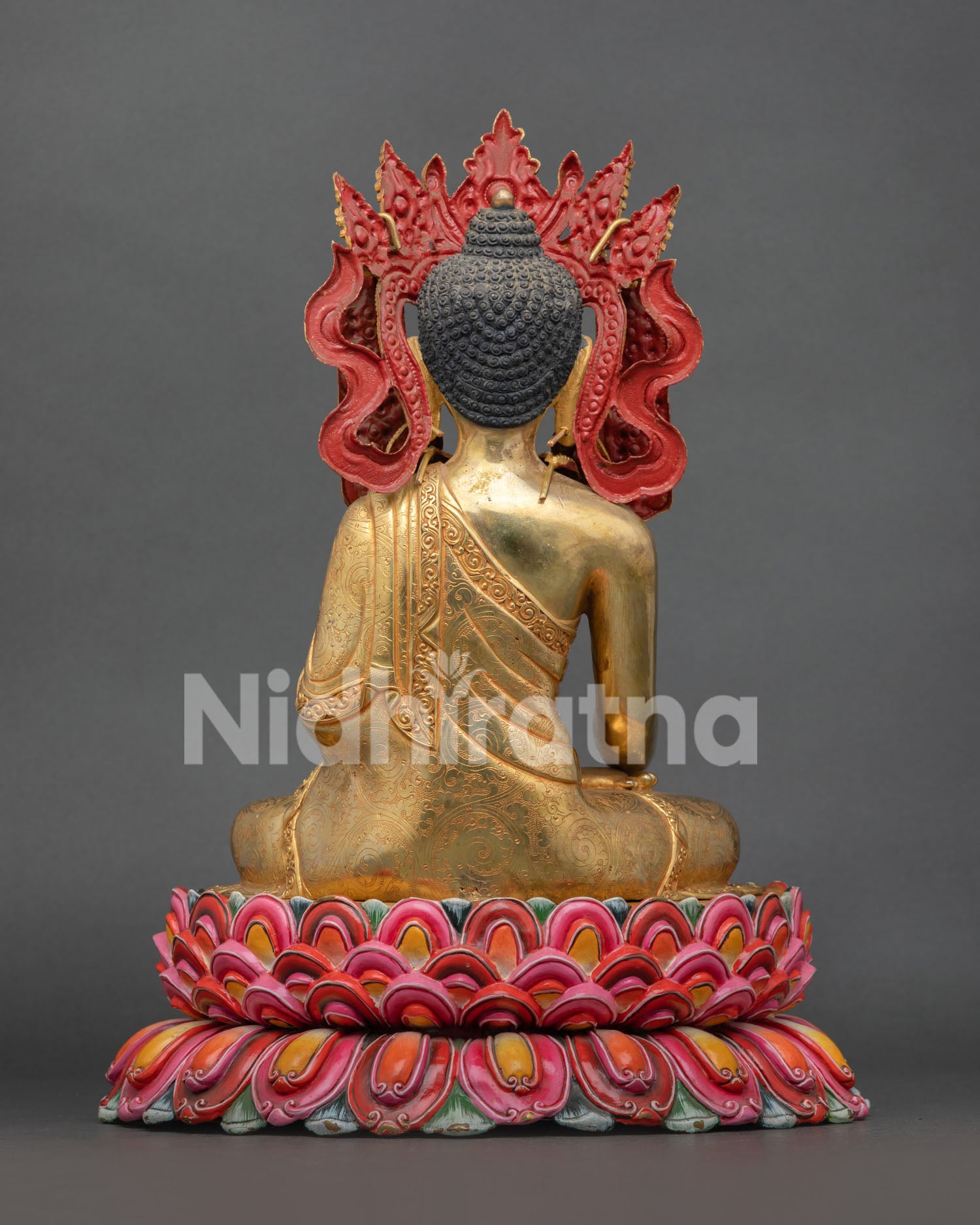 Back view of handcrafted Jowo Rinpoche Statue created using traditional lost-wax casting method with copper and Nepalese Buddhist artistry.