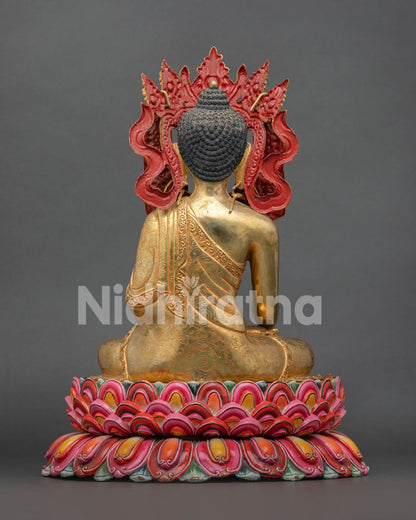 Back view of handcrafted Jowo Rinpoche Statue created using traditional lost-wax casting method with copper and Nepalese Buddhist artistry.