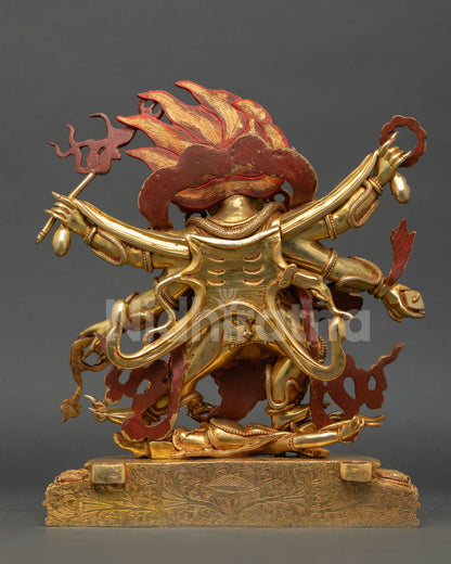 Back view of handcrafted Mahakala statue with intricate Nepalese craftsmanship and wrathful posture