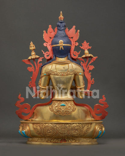 Back View of Handcrafted Maitreya Buddha Statue with Traditional Newari Metalwork Design