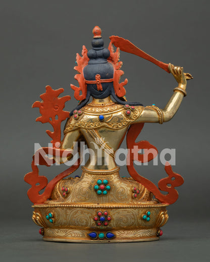 Back View of Handcrafted Manjushri Copper Statue with Traditional Newari Details and Gold Gilded Finish