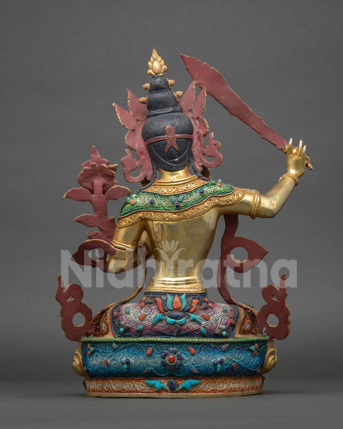 Back View of Handcrafted Manjushri Statue with Silver-Plated Filigree and Lapis Lazuli Stones
