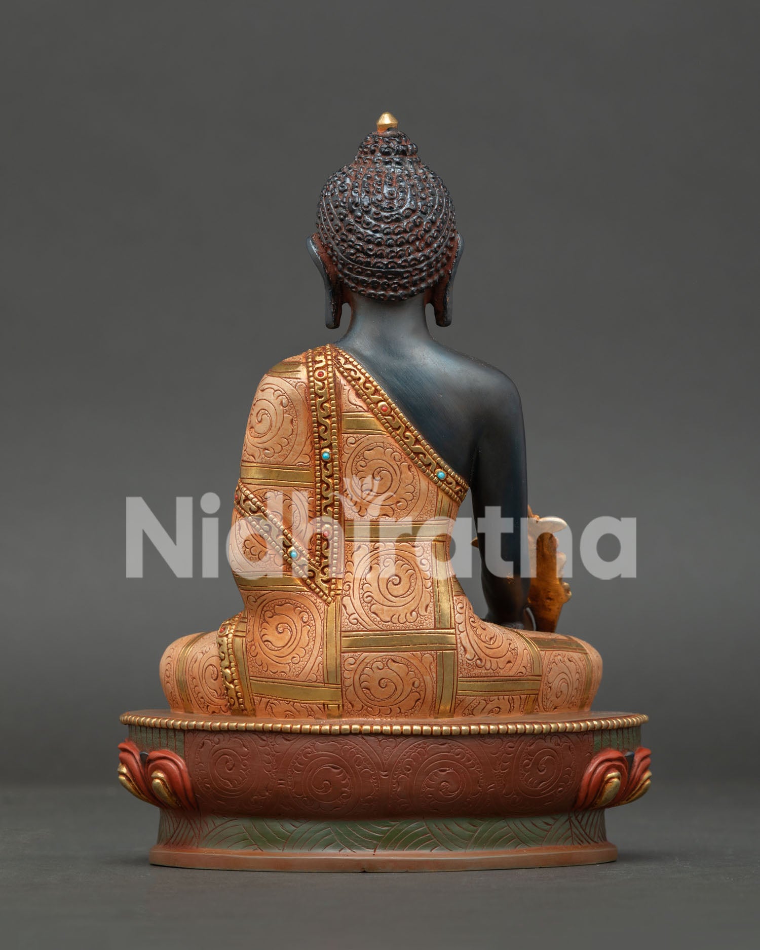 Back View of Handcrafted Medicine Buddha Copper Statue with Intricate Himalayan Buddhist Art Details