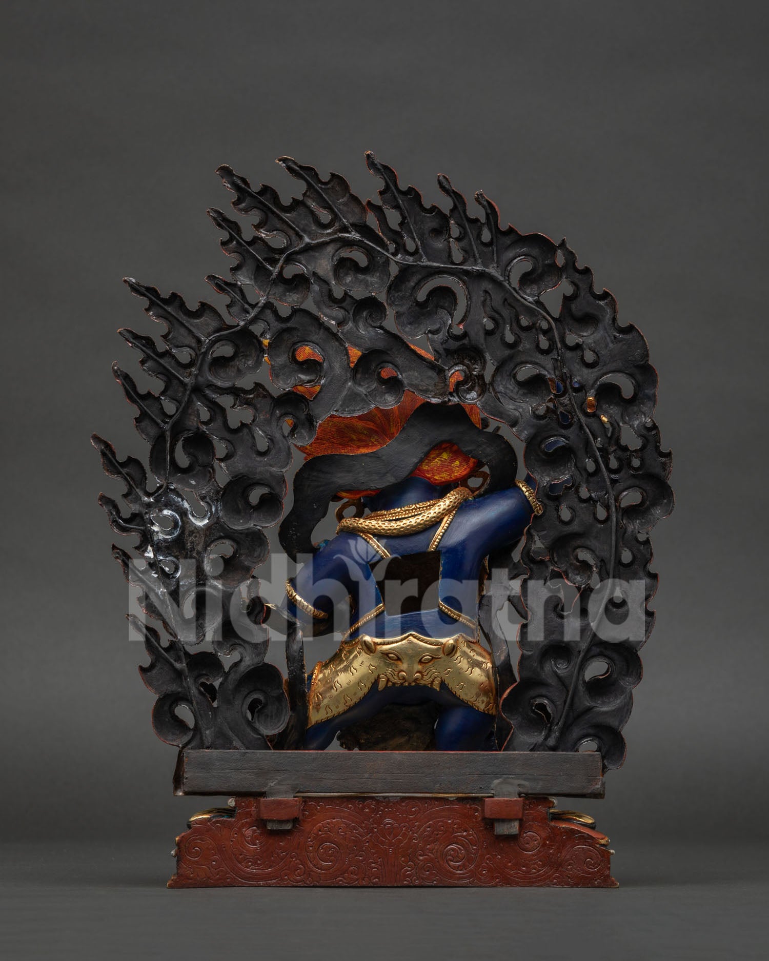 Back view of handcrafted Nepal Vajrapani statue with detailed robes and gold gilding