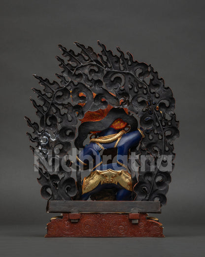 Back view of handcrafted Nepal Vajrapani statue with detailed robes and gold gilding