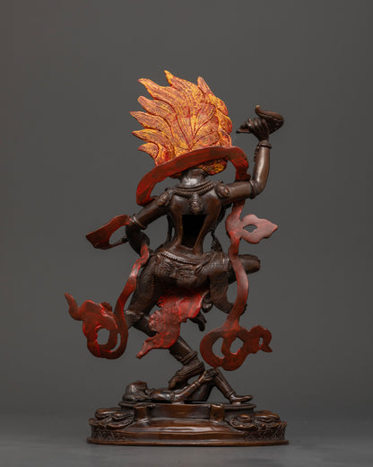 Back view of handcrafted Nepalese Simha Mukha statue with intricate metalwork details