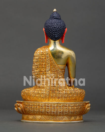 Back view of handcrafted Shakyamuni Buddha statue with 24K gold fire gilded copper finish.
