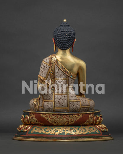 Back View of Handcrafted Shakyamuni Buddha Statue with Detailed Monastic Robe Craftsmanship