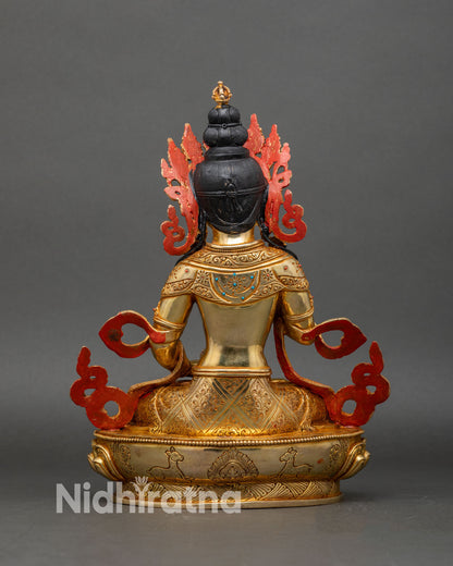 Back view of handcrafted Vajrasattva statue with gold gilding and semi-precious stones