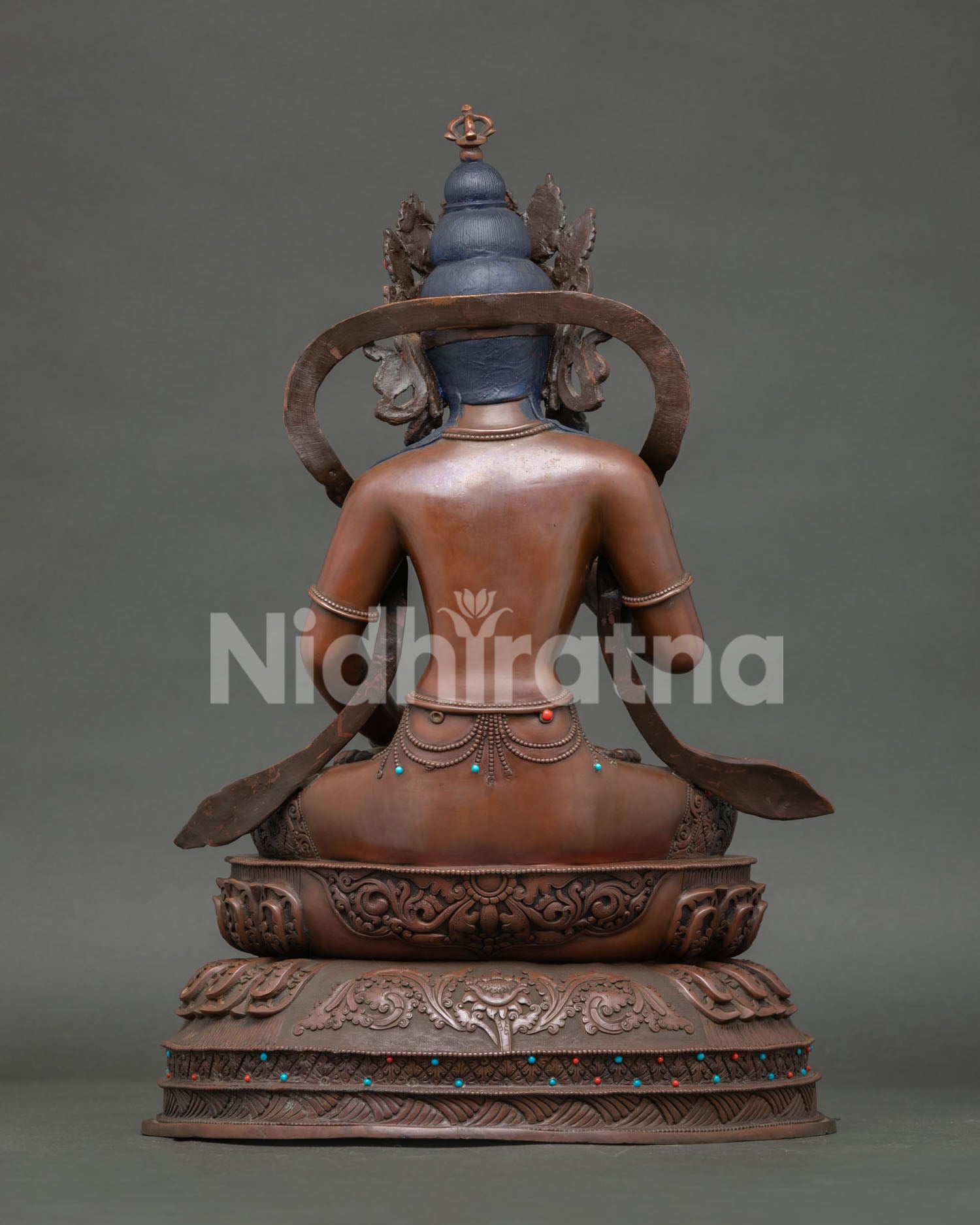 Back view of handcrafted Vajrasattva statue with precious silk scarf Nepal.