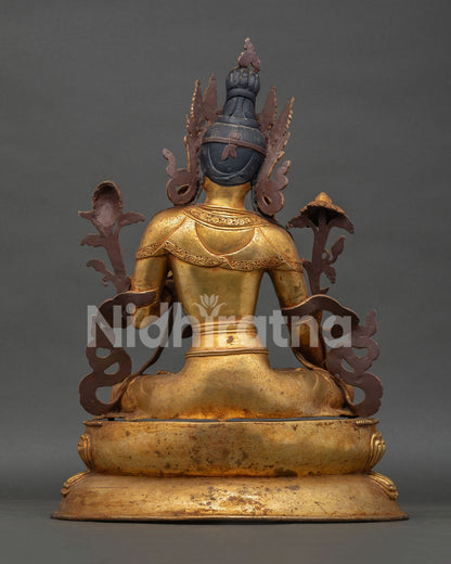 Back View of Handcrafted White Tara Statue with Ornate Halo and Lotus Base