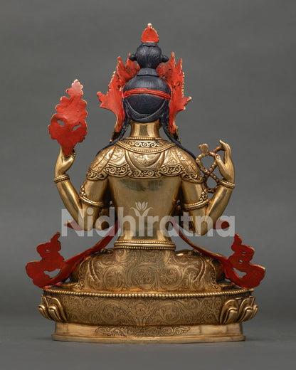 Back View of Handmade Avalokiteshvara Chenrezig Statue with Intricate Newari Metalwork from Nepal