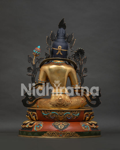 Back view of handmade Green Tara copper statue — intricate Newari scrollwork, Buddhist art Nepal