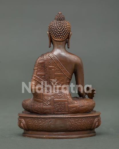 Back View of Handmade Medicine Buddha Statue, Created Using the Lost Wax Casting Method