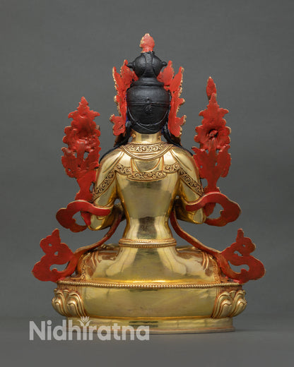 Back view of handmade Nepal Manjushree Statue with ornate copper carving and lotus base