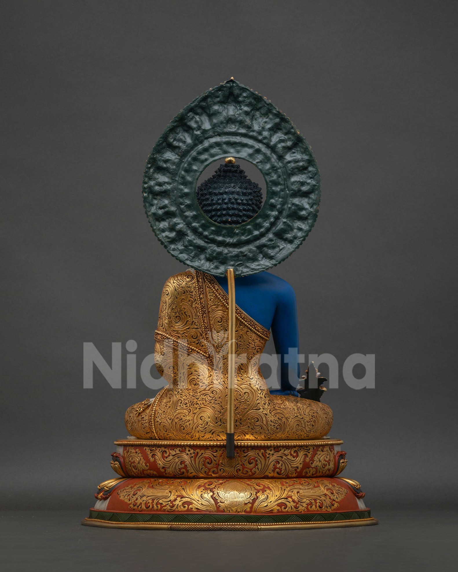 Back view of handmade Medicine Buddha statue Jeonju with detailed copper repoussé artwork