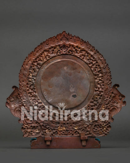 Back View of Handmade Oxidized Copper Vajrapani Statue with Detailed Halo and Sculpted Robes