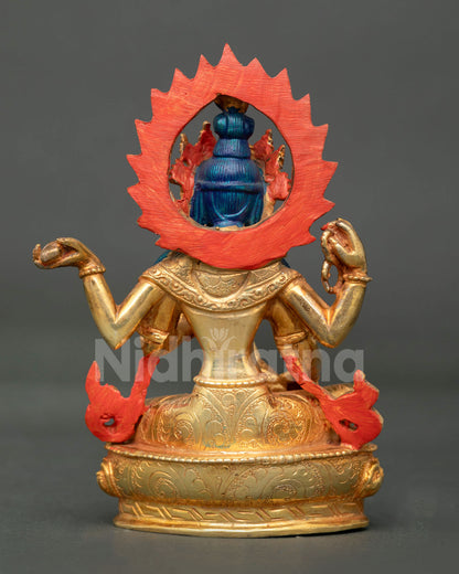 Back view of handmade Saraswati statue from Nepal copper craft with gold detailing and Newari artisan workmanship