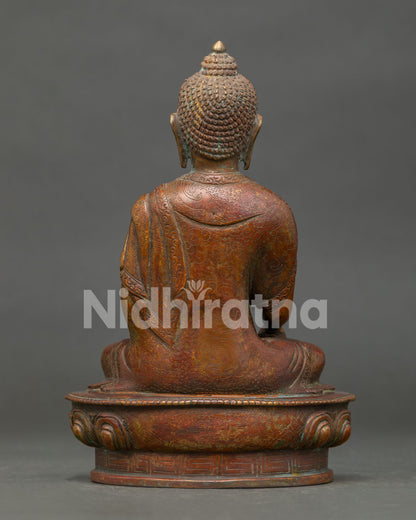 Back View of Handmade Shakyamuni Buddha Statue with a rich oxidized antique finish.