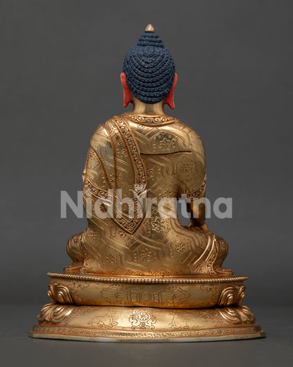 Back View of Handmade Shakyamuni Buddha Statue with Vajra Dharma Chakra and Deer Carvings.