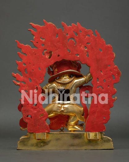 Back view of handmade Vajrapani statue with blazing flame halo and intricate Himalayan craftsmanship