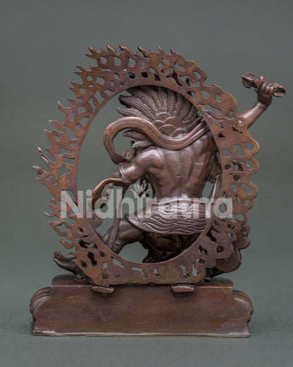 Back view of handmade Vajrapani Statue with detailed flaming halo by Newari artisans