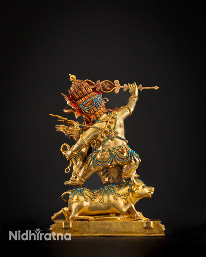Back view of handmade Yamantaka statue crafted by Newari artisan using lost wax casting in copper Buddhist ritual sculpture from Nepal.