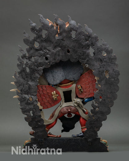 back view of hayagriva statue showing halo design, wings and detailed craftsmanship in copper