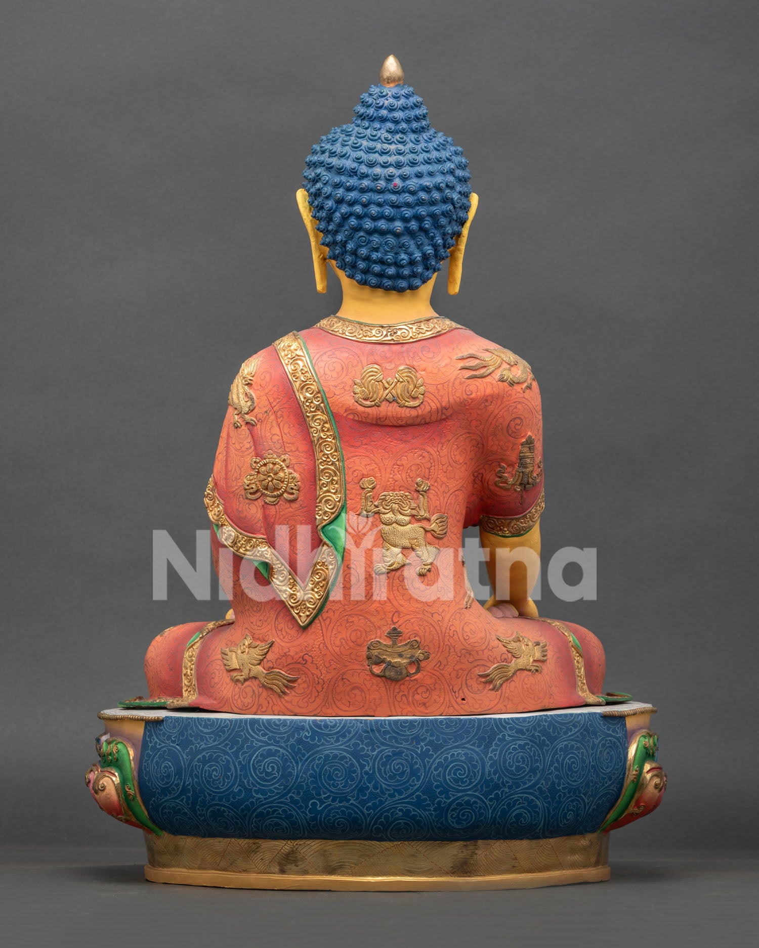 Back view of Historical Shakyamuni Buddha Statue with detailed robe carvings and traditional Nepal craftsmanship