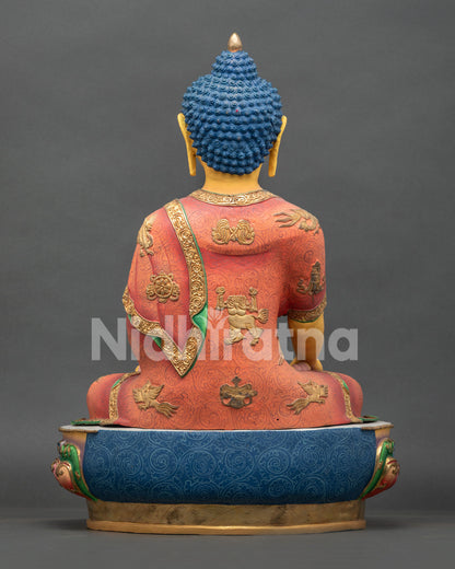 Back view of Historical Shakyamuni Buddha Statue with detailed robe carvings and traditional Nepal craftsmanship