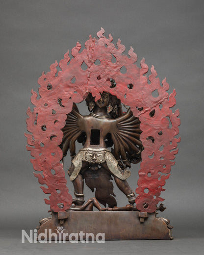 Back view of Kalachakra with halo flames in oxidized copper Nepalese tantric art
