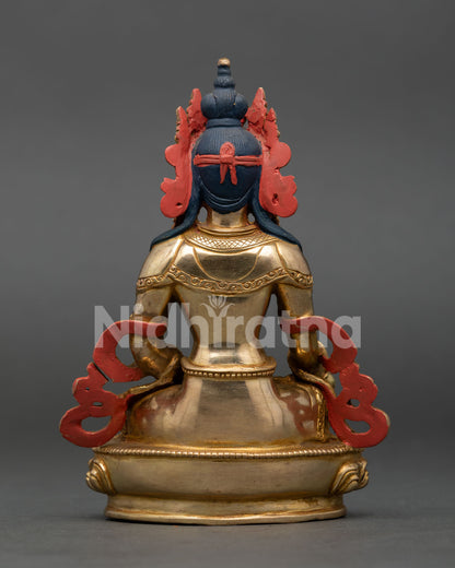 Back view of Kshitigarbha Bodhisattva statue with gold gilding and lotus throne handcrafted in Nepal