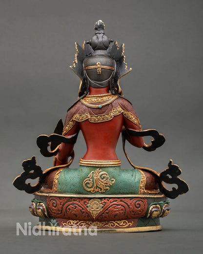 Back view of Ksitigarbha statue handcrafted Buddhist sculpture from Nepal, detailed copper metalwork with gold gilding finish, Newari artisan craftsmanship