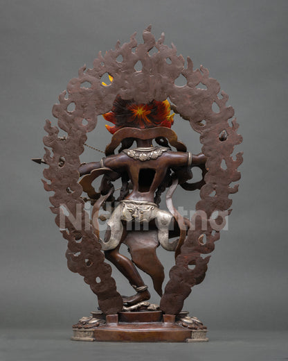 Back view of Kurukulla statue, handcrafted copper sculpture with aged patina finish