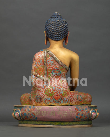 Back View of Lord Shakyamuni Buddha Statue with Handcrafted Nepalese Copper Details