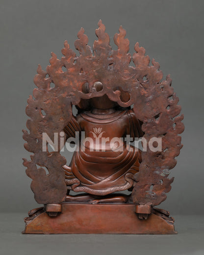 Back view of Mahakala Bernagchen Statue featuring blazing halo and traditional Nepalese metalwork.