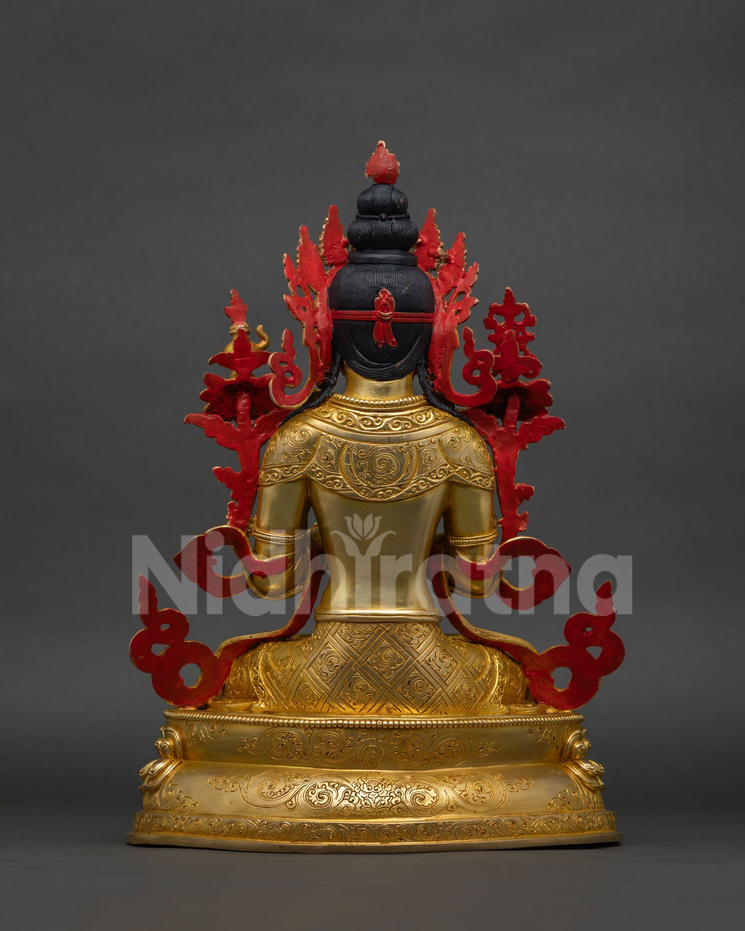 Back view of Maitreya Buddha Statue showing intricate crown and lotus pedestal detail