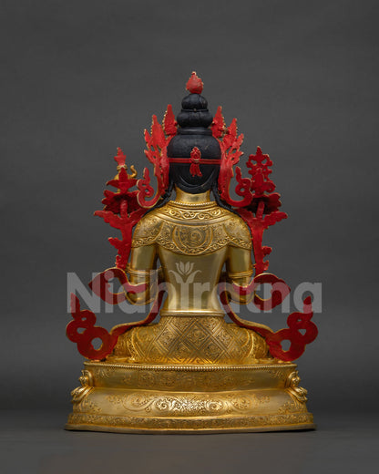 Back view of Maitreya Buddha Statue showing intricate crown and lotus pedestal detail