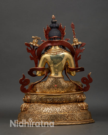 Back view of Manjushri Bodhisattva seated on double-layered lotus throne in Dharmachakra Mudra, Nepalese lost-wax Buddhist art statue