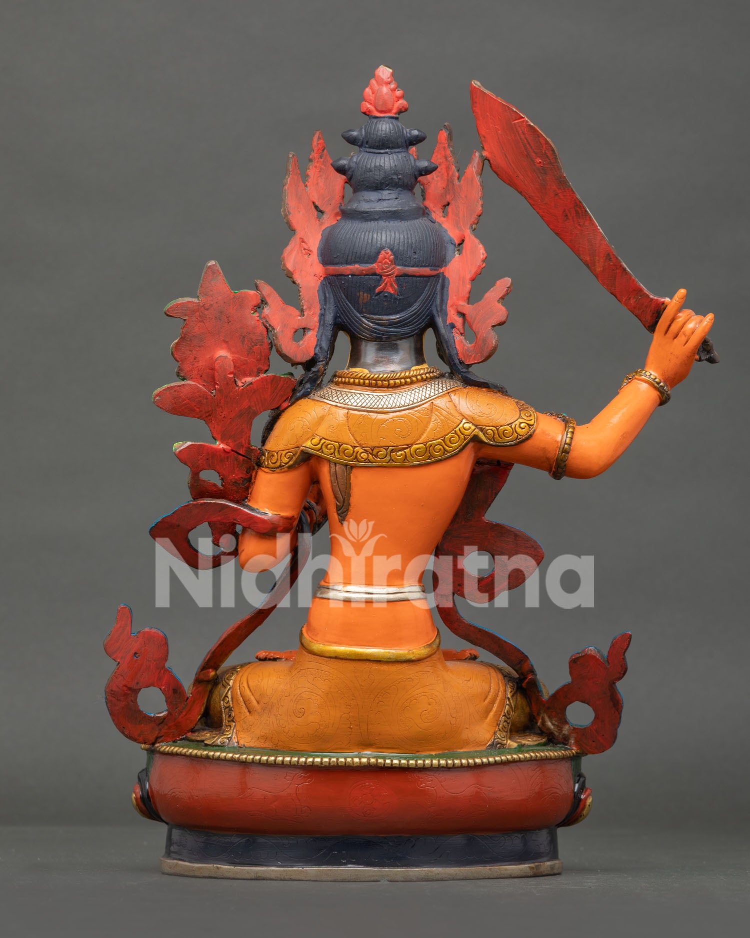 Back View of Manjushri Copper Statue, Handcrafted by Newari Artisans