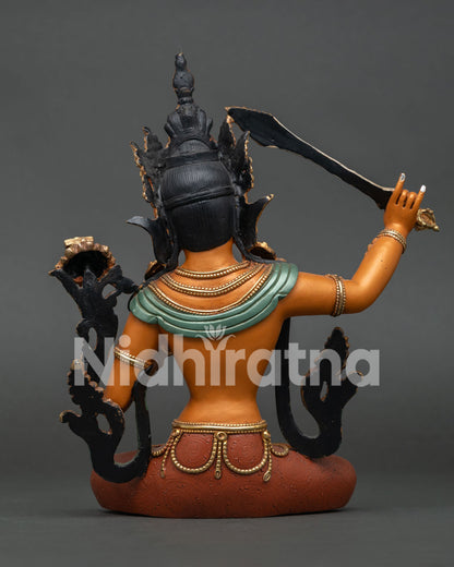 Back view of Manjushri Statue showing crown, sash and lotus base craftsmanship