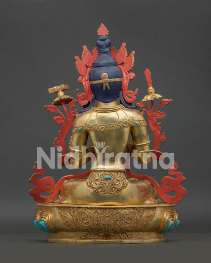 Back View of Manjushri Statue with Intricate 3D Carved Copper Sculpture and Gold Fire Gilded Details