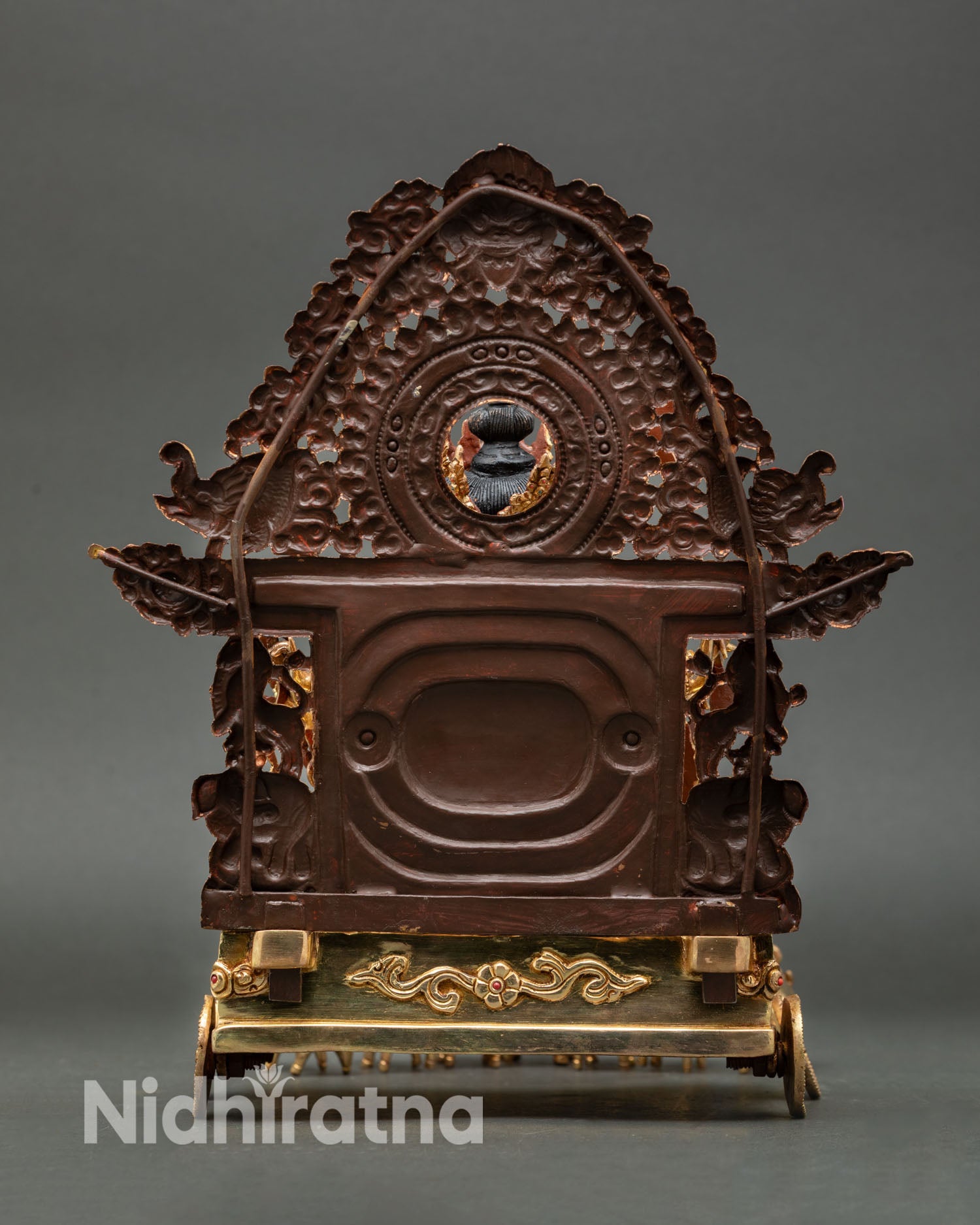 Back view of Marichi statue Himalayan handcrafted copper sculpture, altar decoration for meditation and spiritual practice