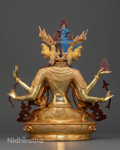 Back view of Namgyalma statue showcasing detailed craftsmanship and gold gilded copper finish